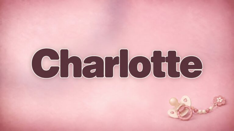 Vorname Charlotte in dunkelroter Schrift auf rosafarbenem Hintergrund mit Schnullerkette