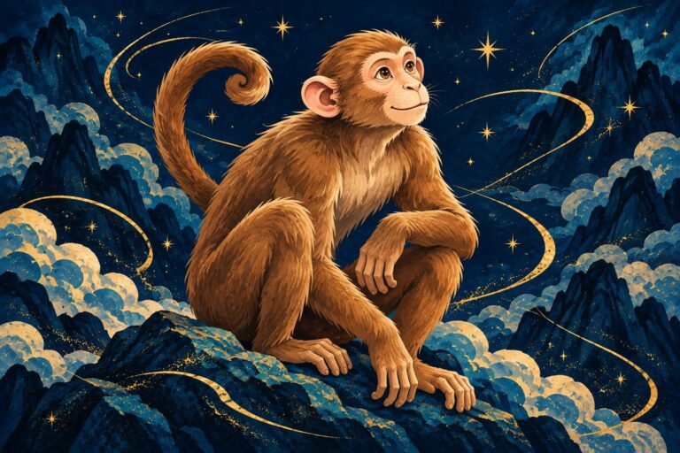 Brauner Affe auf einem Felsen vor dunkelblauem Himmel mit goldenen Sternen.