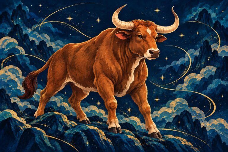 Brauner Büffel mit hellen Hörnern vor blauen Bergen und goldenen Sternen.