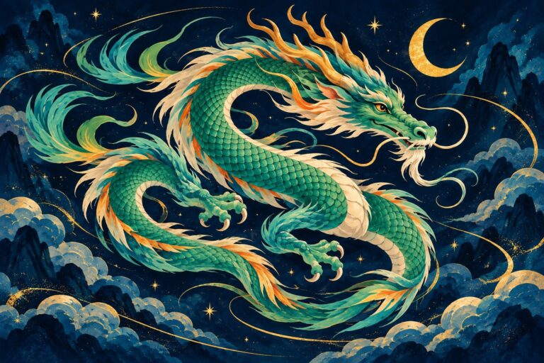 Grüner chinesischer Drache vor dunkelblauem Himmel mit goldener Mondsichel.