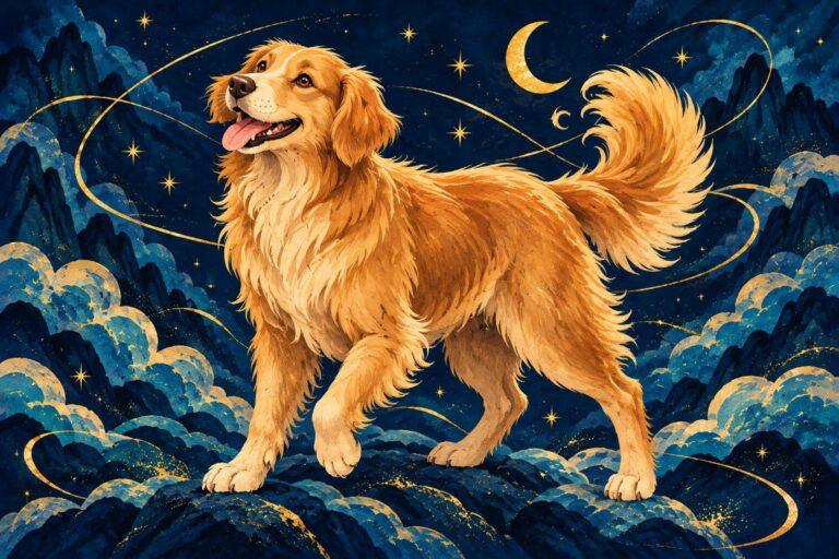 Goldbrauner Hund vor dunkelblauen Bergen und goldenen Sternen.