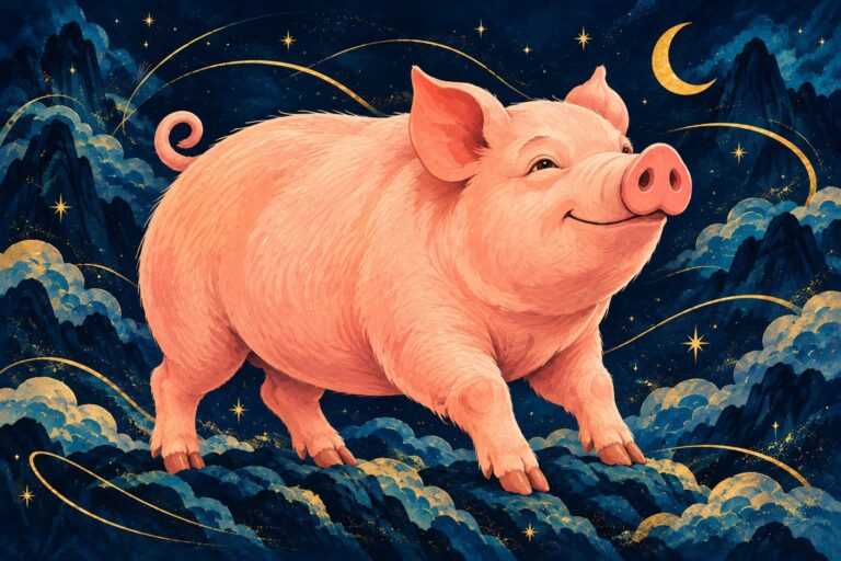 Rosa Schwein auf einem Felsen vor dunkelblauem Himmel und goldenen Sternen.