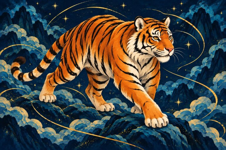 Orange-schwarz gestreifter Tiger vor dunkelblauen Bergen und goldenen Sternen.