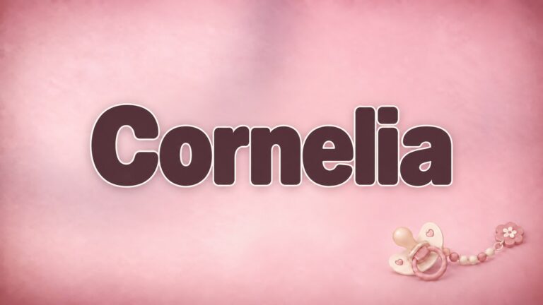 Vorname Cornelia in dunkelroter Schrift auf rosafarbenem Hintergrund mit Schnullerkette