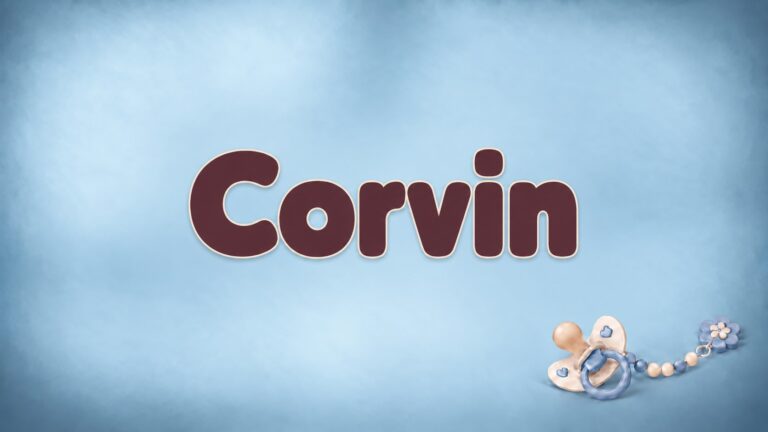 Vorname Corvin in dunkelroter Schrift auf blaugrauem Hintergrund mit Schnullerkette
