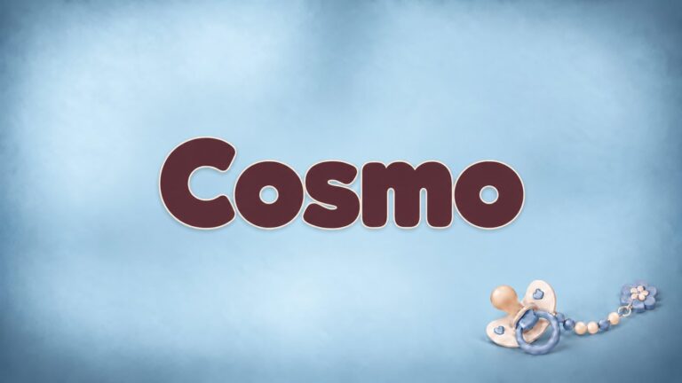 Vorname Cosmo in dunkelroter Schrift auf blaugrauem Hintergrund mit Schnullerkette