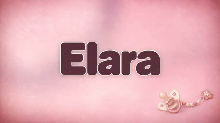 Vorname Elara in dunkelroter Schrift auf rosafarbenem Hintergrund mit Schnullerkette