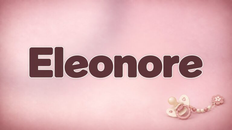 Vorname Eleonore in bordeauxfarbener Schrift auf altrosafarbenem Hintergrund mit Schnullerkette