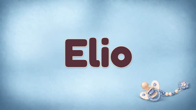Der Vorname Elio in großer bordeauxfarbener Schrift auf dem Babynamen-Motiv