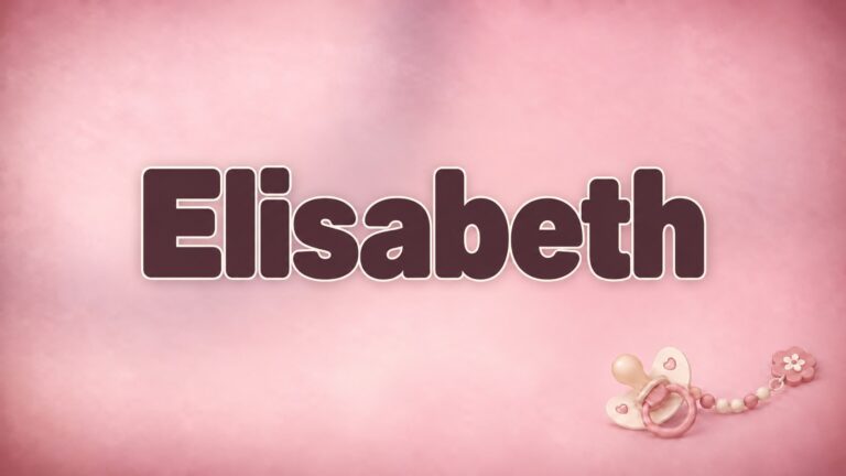 Vorname Elisabeth in dunkelroter Schrift auf rosafarbenem Hintergrund mit Schnullerkette