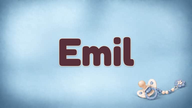 Der Vorname Emil in großer bordeauxfarbener Schrift auf dem Babynamen-Motiv