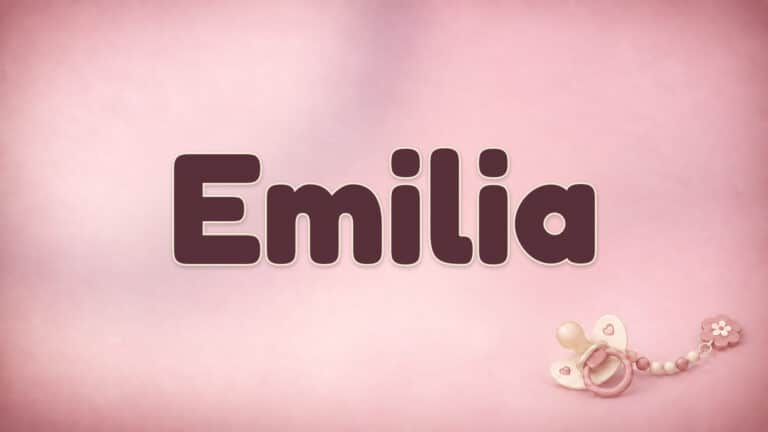 Der Vorname Emilia in großer bordeauxfarbener Schrift auf dem Babynamen-Motiv