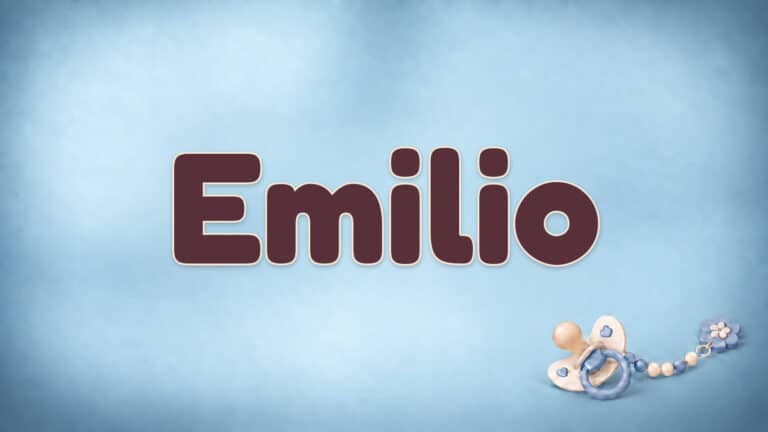 Der Vorname Emilio in großer bordeauxfarbener Schrift auf dem Babynamen-Motiv
