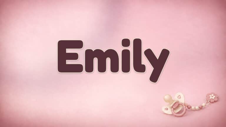 Der Vorname Emily in großer bordeauxfarbener Schrift auf dem Babynamen-Motiv