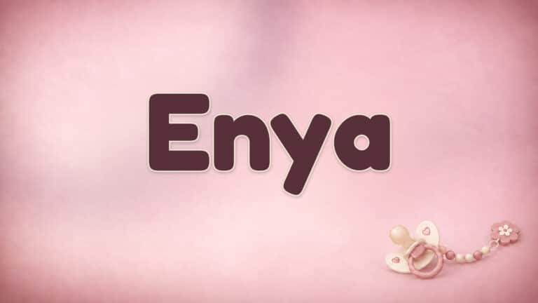 Der Vorname Enya in großer bordeauxfarbener Schrift auf dem Babynamen-Motiv