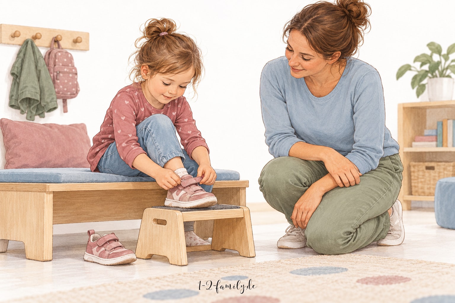 Gezeichnete Szene: Ein Kind schließt den Klettverschluss seines Schuhs, eine Ergotherapeutin begleitet es.