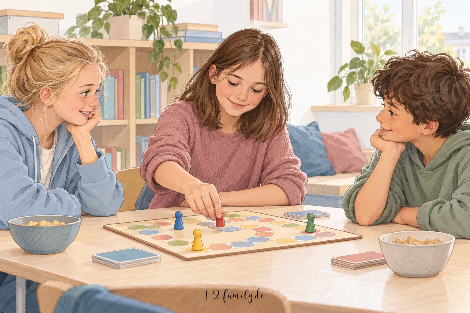 Gezeichnete Schulkinder spielen gemeinsam ein Brettspiel in einer ruhigen Sitzecke.