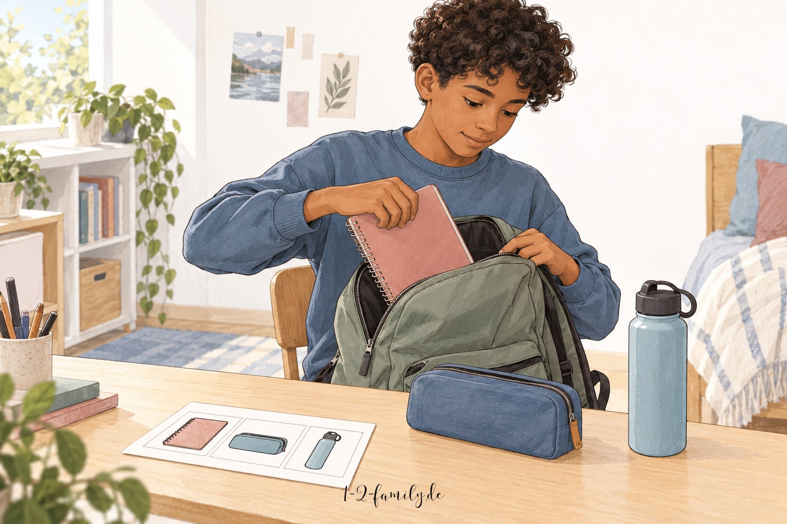 Gezeichneter Jugendlicher packt mithilfe einer Bildliste seine Schulsachen in einen Rucksack.