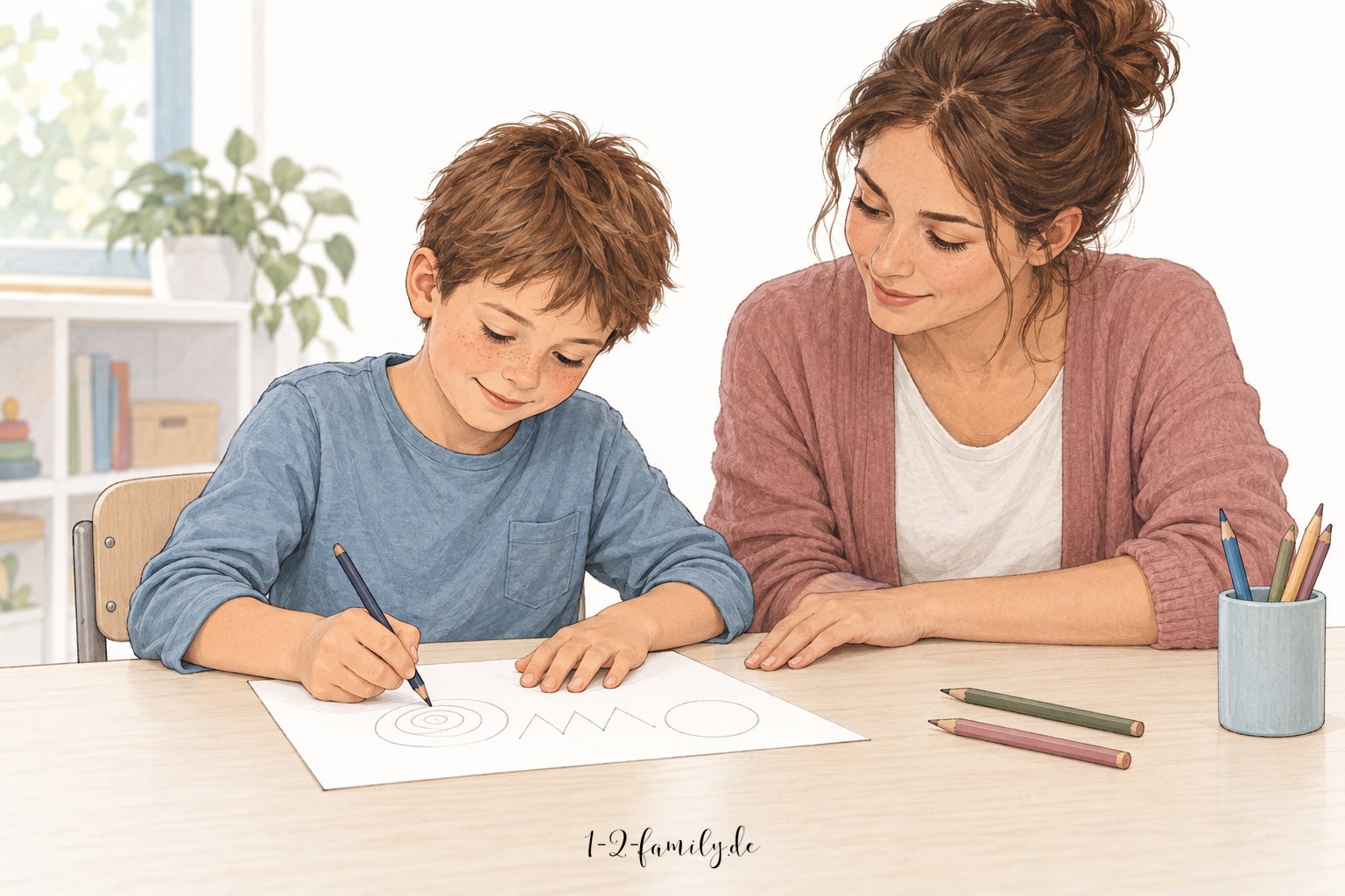 Zeichnung eines Schulkindes beim Schreiben am Tisch, begleitet von einer Ergotherapeutin.