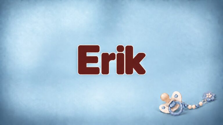 Der Name Erik auf babyblauem Hintergrund mit Schnuller und Schnullerkette