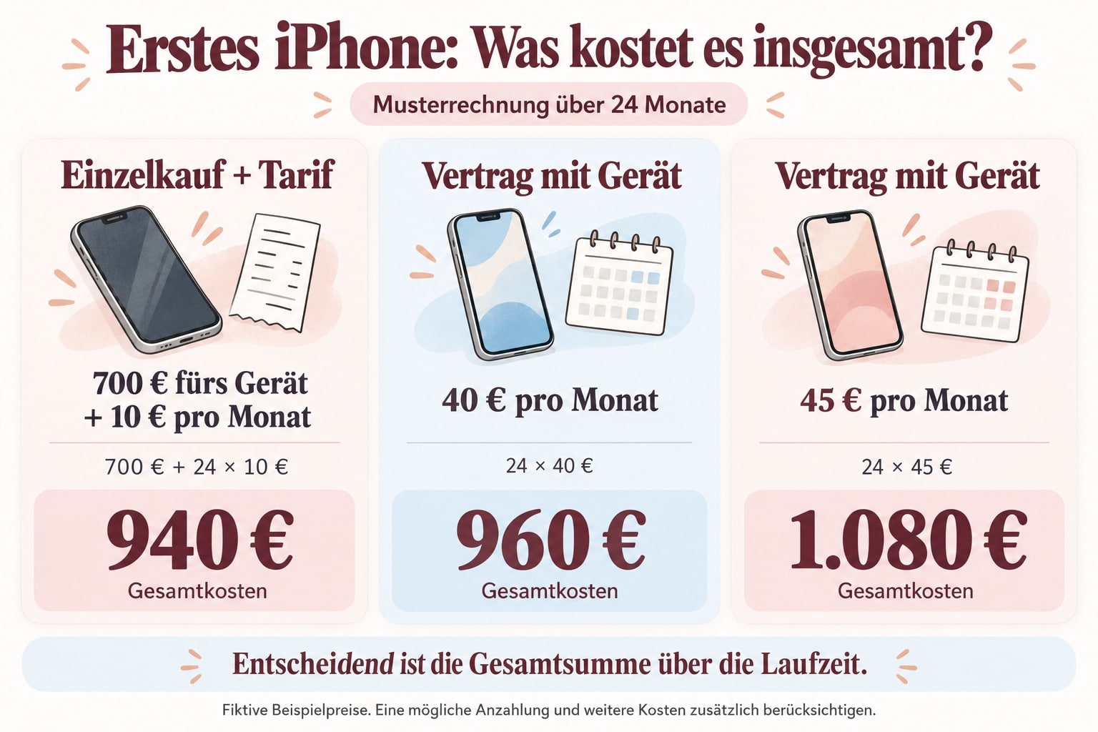 Kostenvergleich fürs erste iPhone über 24 Monate: Einzelkauf mit Tarif 940 Euro, Vertrag mit Gerät bei 40 Euro monatlich 960 Euro und bei 45 Euro monatlich 1.080 Euro.
