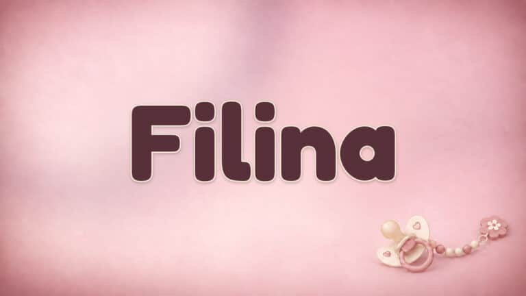 Der Vorname Filina in großer bordeauxfarbener Schrift auf dem Babynamen-Motiv