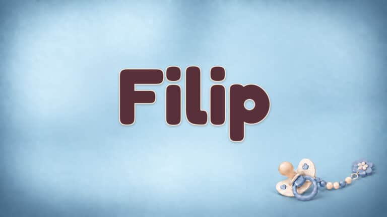 Der Vorname Filip in großer bordeauxfarbener Schrift auf dem Babynamen-Motiv