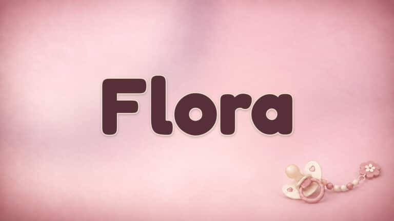 Der Vorname Flora in großer bordeauxfarbener Schrift auf dem Babynamen-Motiv