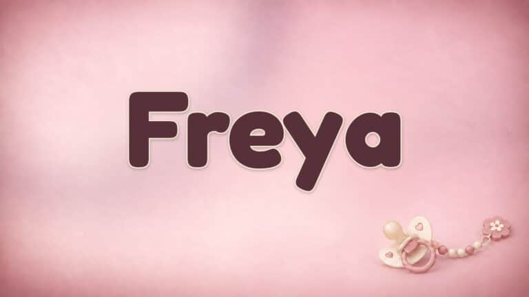 Der Vorname Freya in großer bordeauxfarbener Schrift auf dem Babynamen-Motiv