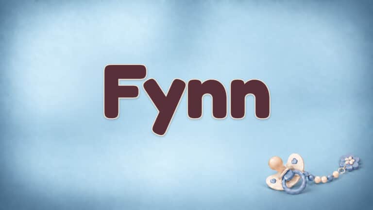 Der Vorname Fynn in großer bordeauxfarbener Schrift auf dem Babynamen-Motiv