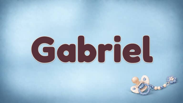Der Vorname Gabriel in großer bordeauxfarbener Schrift auf dem Babynamen-Motiv