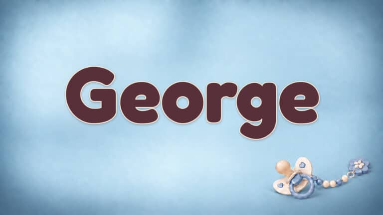 Der Vorname George in großer bordeauxfarbener Schrift auf dem Babynamen-Motiv