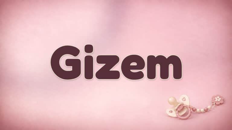 Der Vorname Gizem in großer bordeauxfarbener Schrift auf dem Babynamen-Motiv