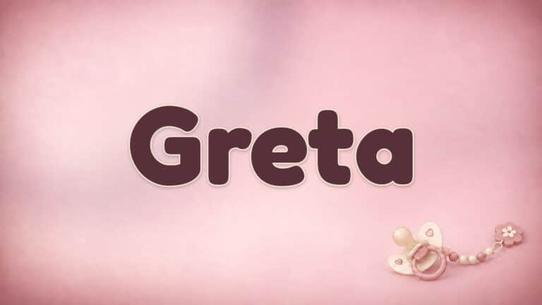 Der Vorname Greta in großer bordeauxfarbener Schrift auf dem Babynamen-Motiv
