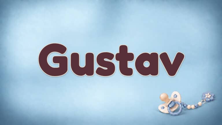 Der Vorname Gustav in großer bordeauxfarbener Schrift auf dem Babynamen-Motiv