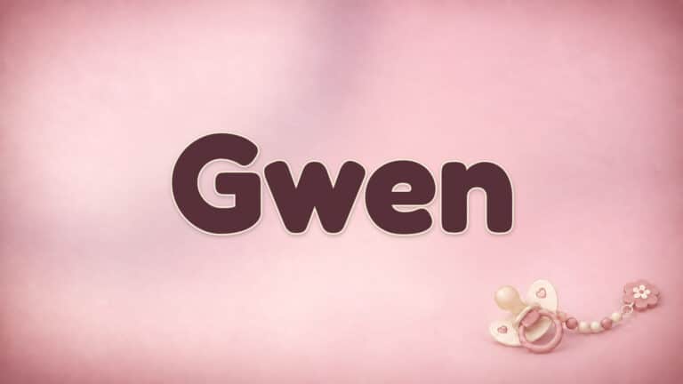 Der Vorname Gwen in großer bordeauxfarbener Schrift auf dem Babynamen-Motiv