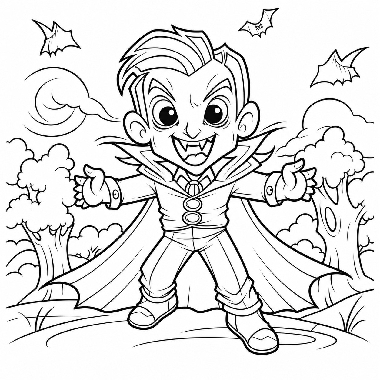 Halloween-Ausmalbild mit kleinem Dracula, Umhang und Fledermäusen