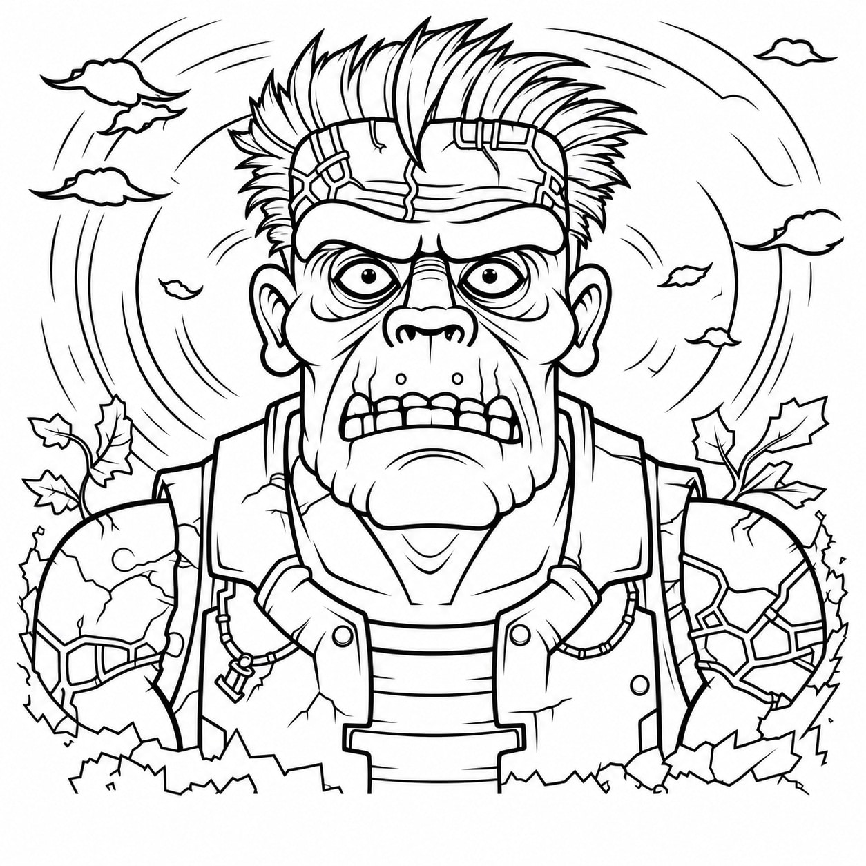 Frankensteins Monster mit kantigem Kopf, Nähten und zerrissener Jacke als Halloween-Ausmalbild
