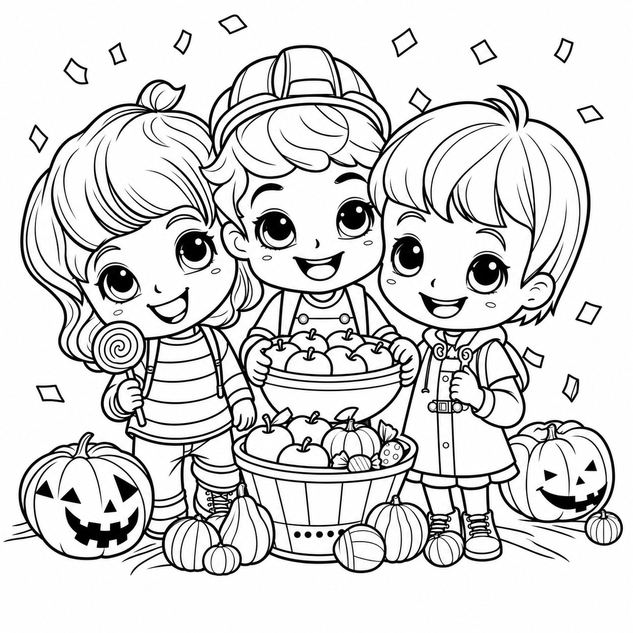 Drei Kinder mit Kürbissen und einem gefüllten Korb als Halloween-Ausmalbild