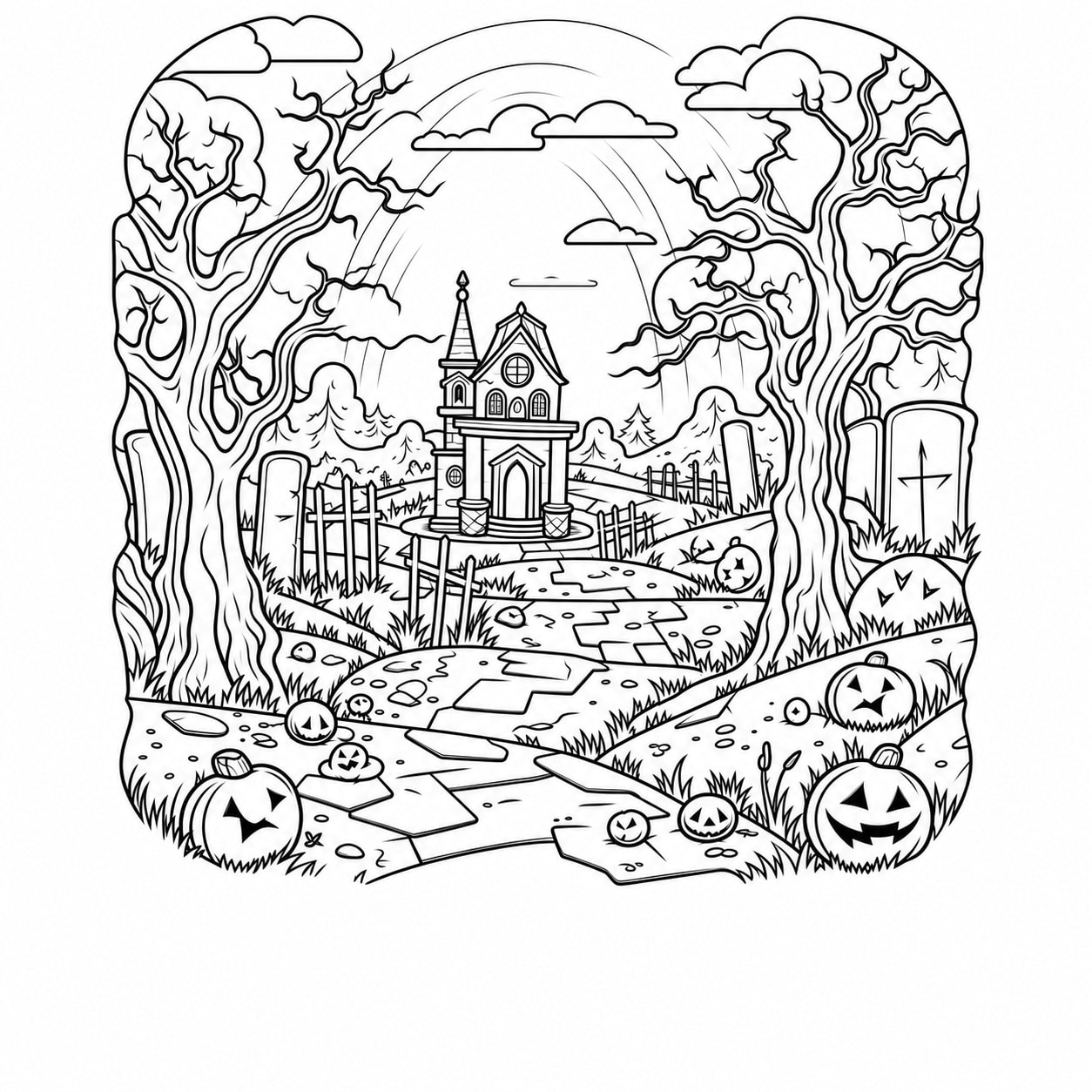Halloween-Malvorlage mit Friedhof, Kapelle, kahlen Bäumen und Kürbissen