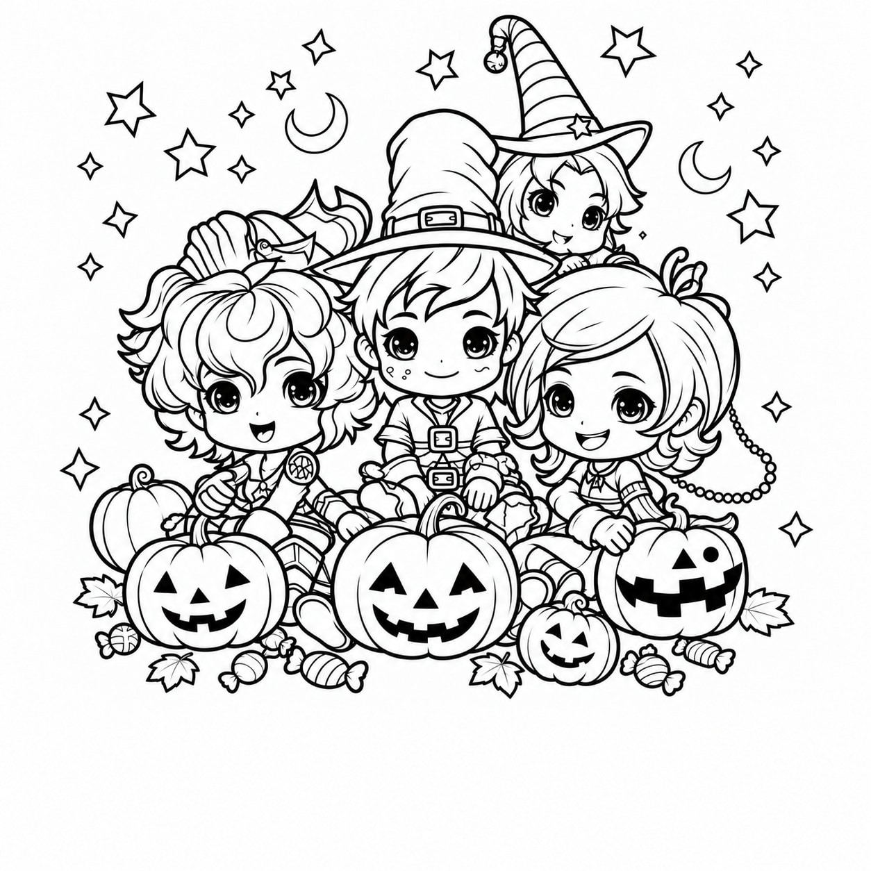 Verkleidete Kinder mit Hexenhüten und Kürbissen auf einer Halloween-Party zum Ausmalen