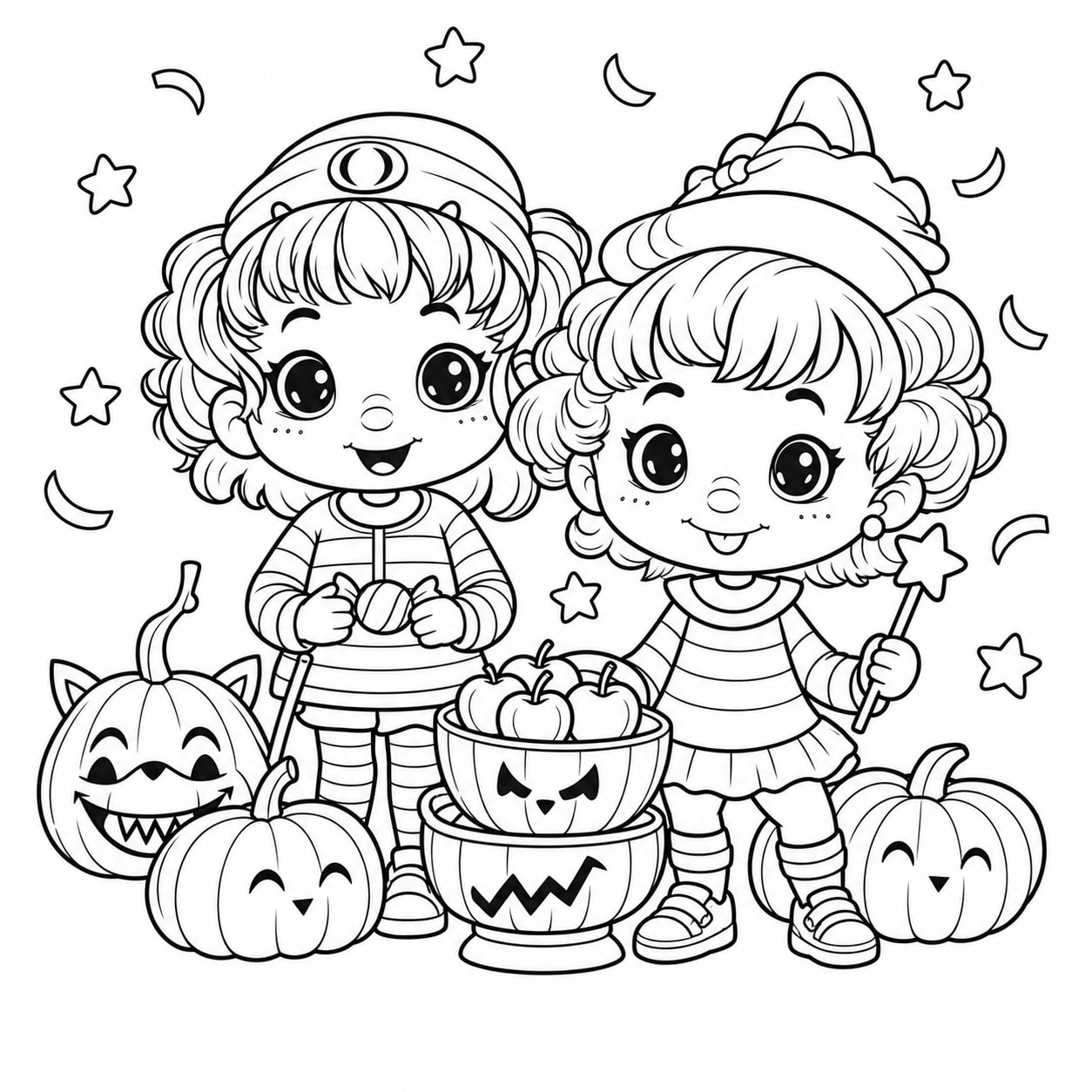 Zwei Mädchen mit Zauberstab, Kürbiskörben und Kürbissen als Halloween-Ausmalbild
