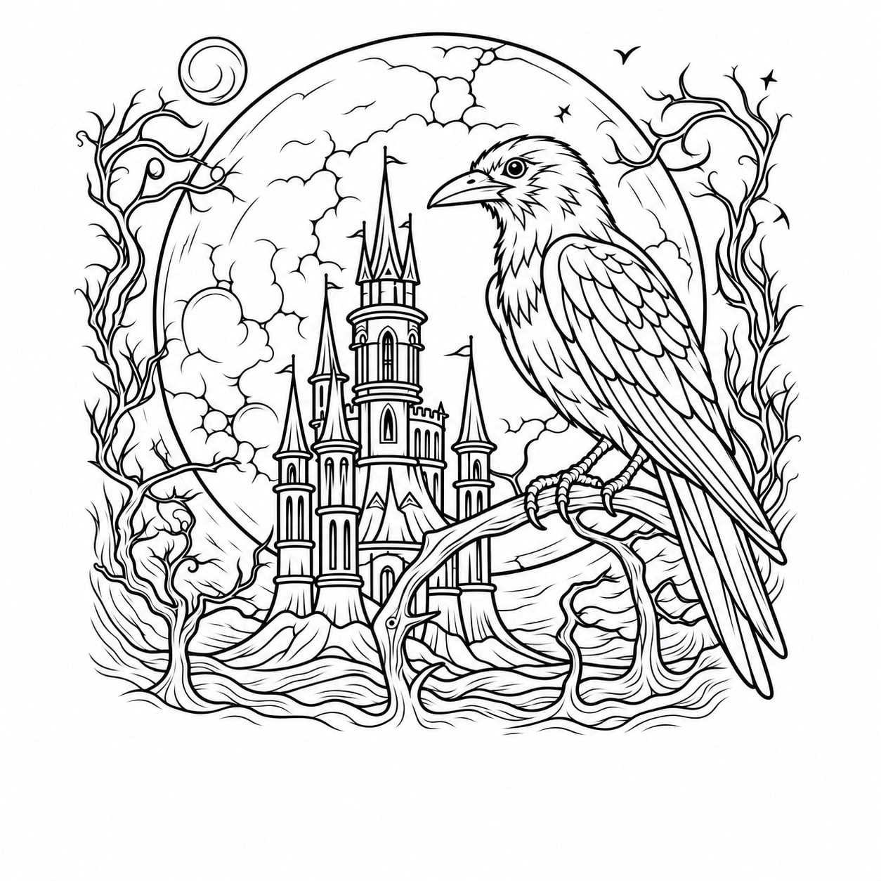 Rabe auf einem Ast vor einem hohen Schloss und großem Mond als Halloween-Malvorlage