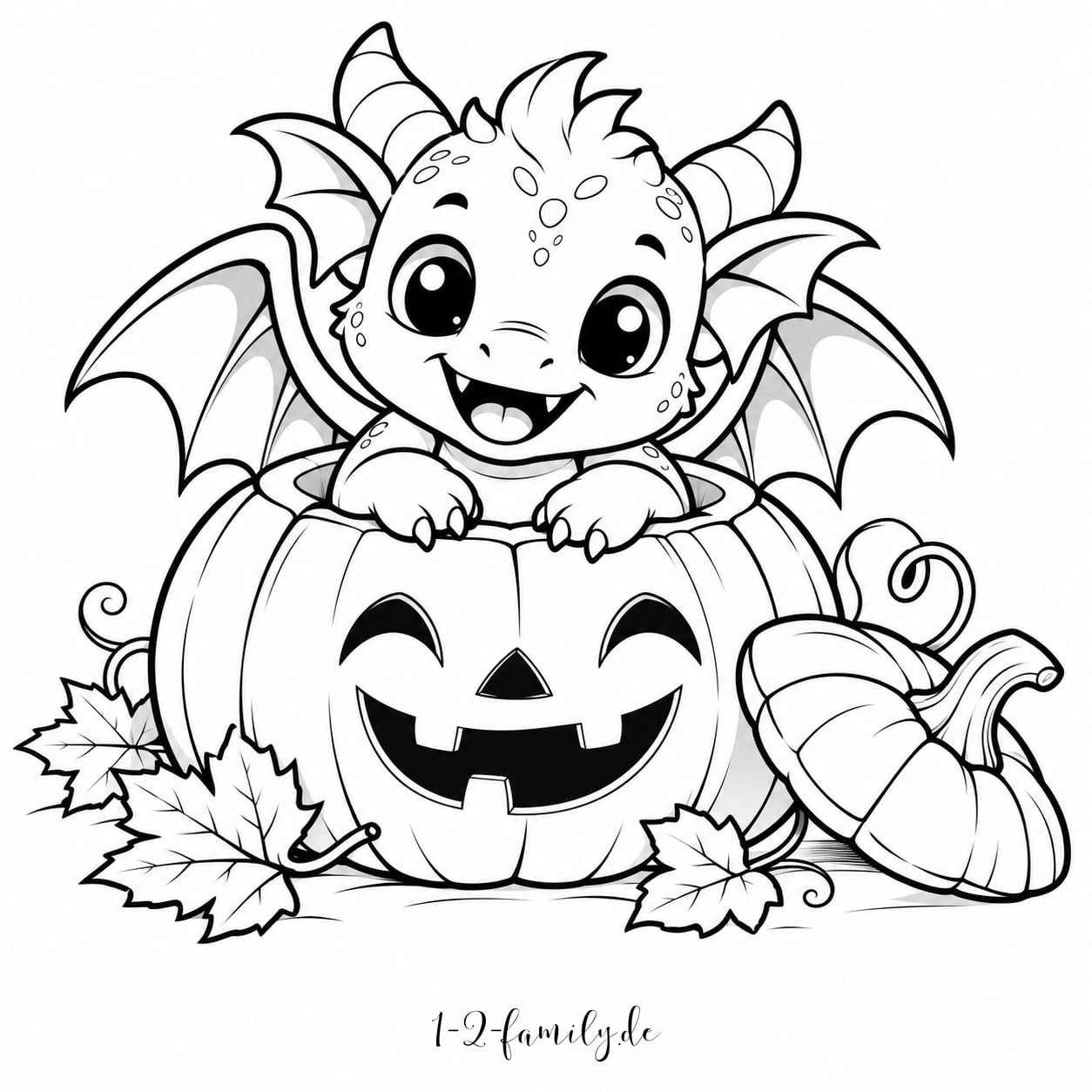 Niedlicher Babydrache schaut aus einem geschnitzten Halloween-Kürbis als Ausmalbild