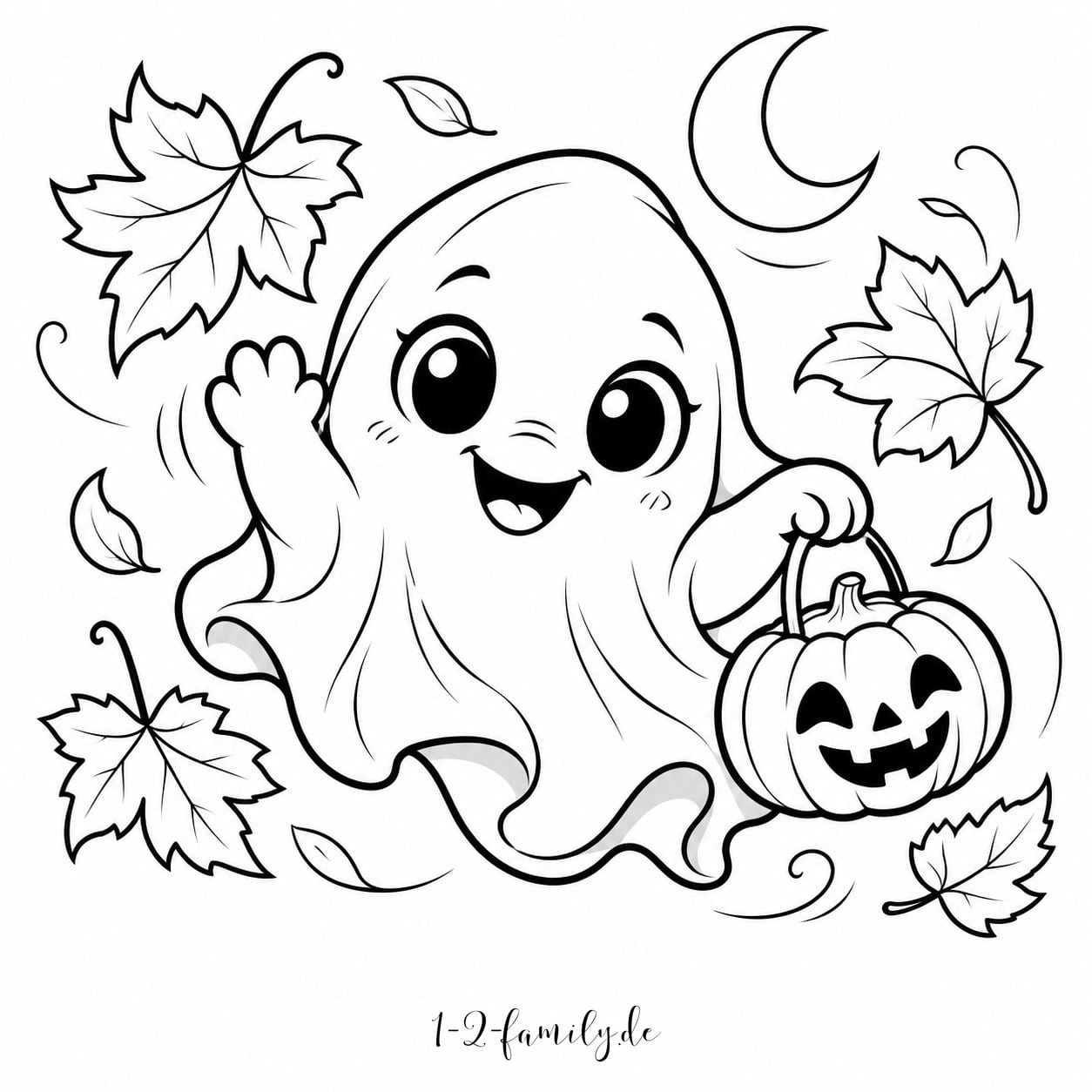 Freundliches Gespenst mit Kürbistasche und Herbstblättern als Halloween-Ausmalbild