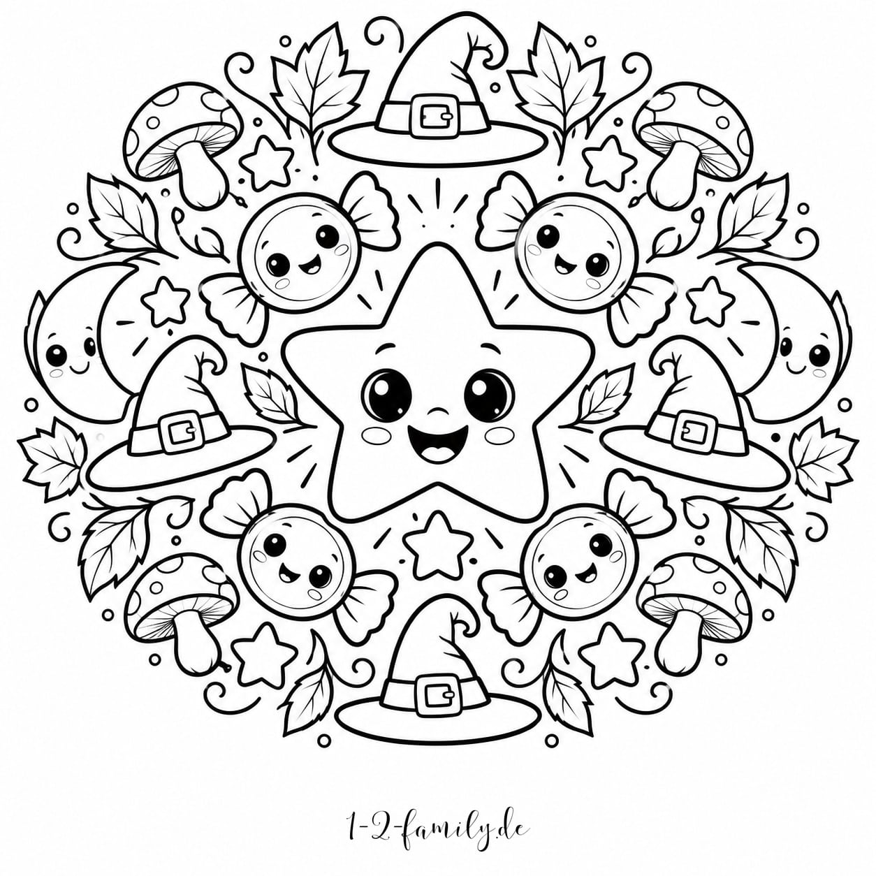 Niedliches Halloween-Mandala mit Stern, Bonbons, Hexenhüten, Monden und Pilzen zum Ausmalen