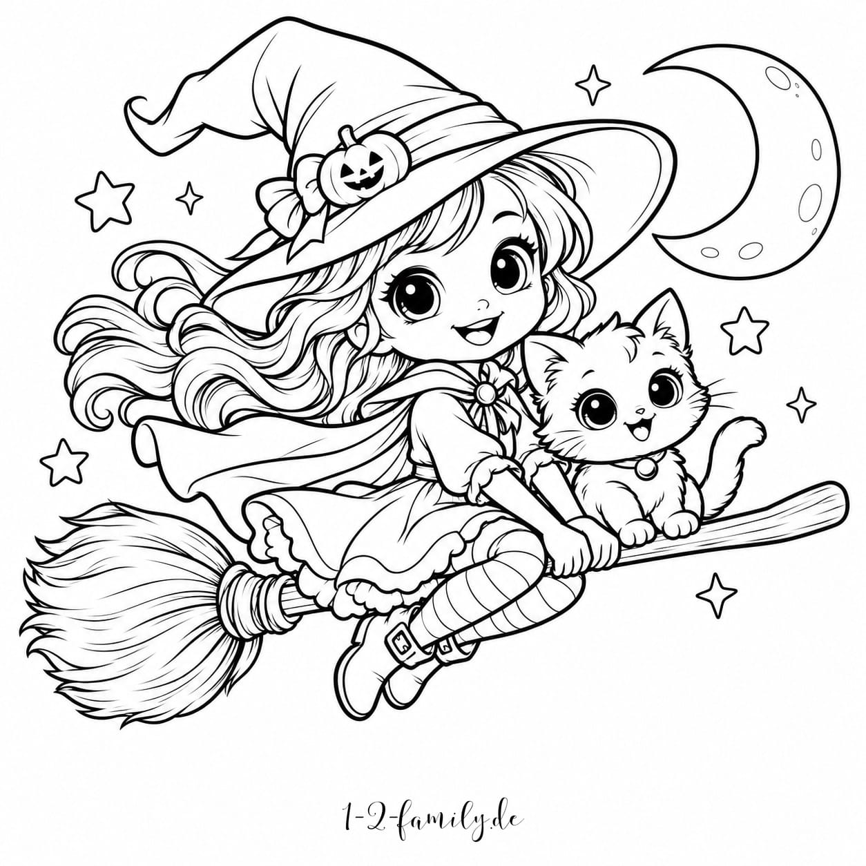 Kleine Hexe fliegt mit einem Kätzchen auf einem Besen als Halloween-Ausmalbild