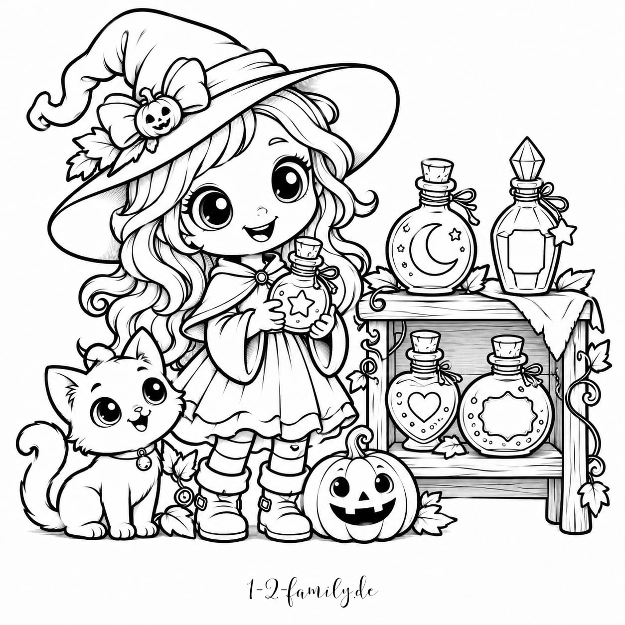 Kleine Hexe mit Zaubertrankflaschen, Katze und Kürbis als Halloween-Malvorlage