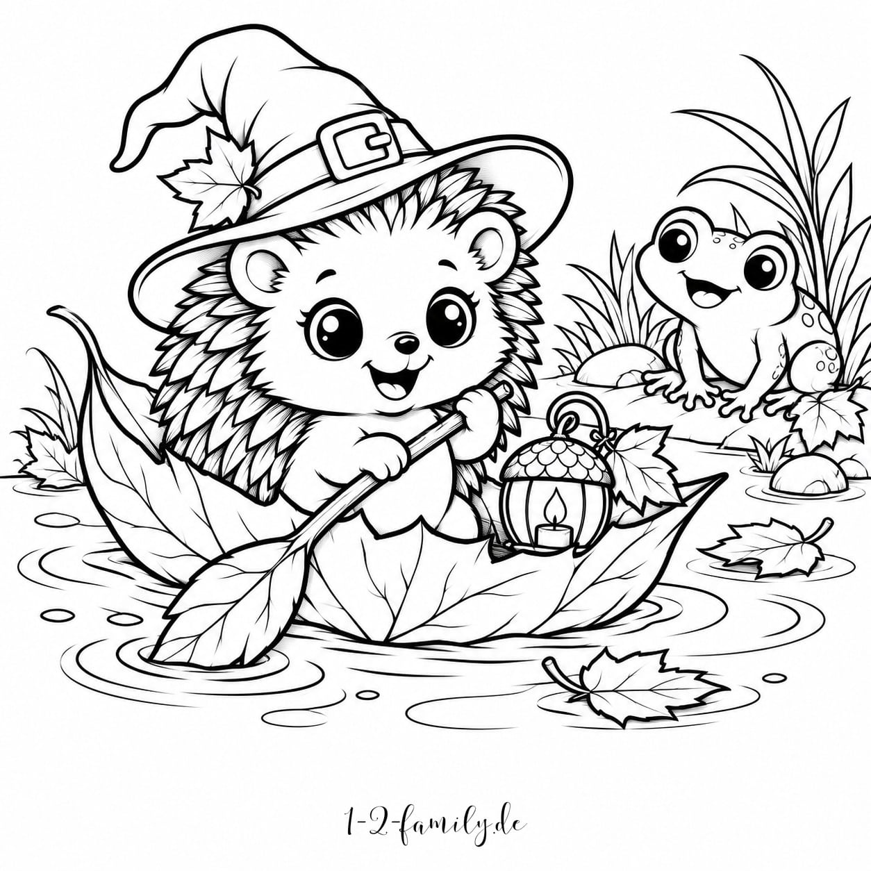 Igel mit Hexenhut fährt in einem Blätterboot mit Eichellaterne als Halloween-Malvorlage