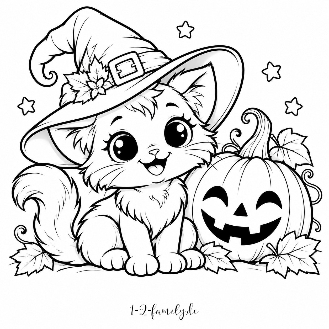 Niedliches Kätzchen mit großem Hexenhut neben einem Halloween-Kürbis zum Ausmalen